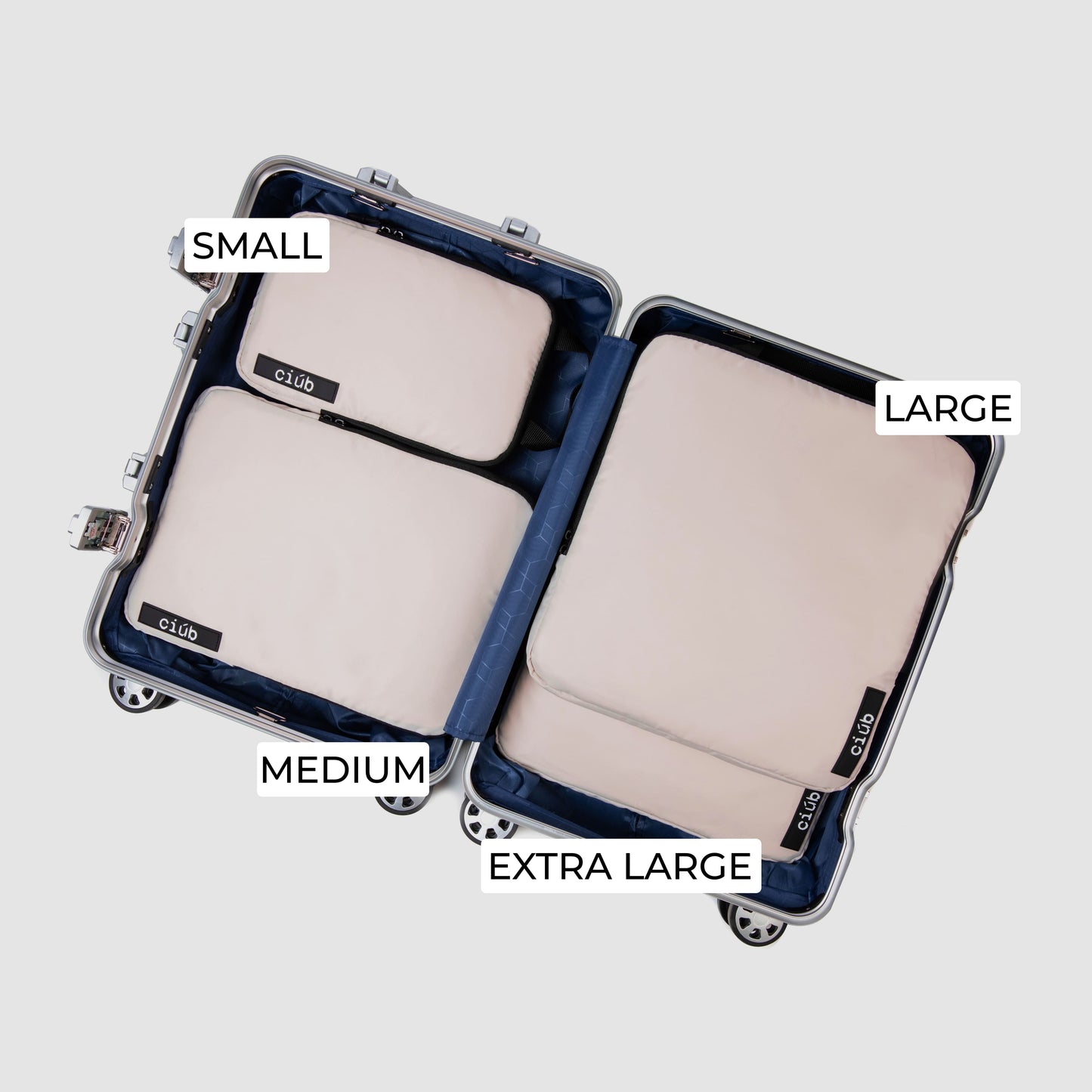 4 Pink ciub compression packing cubes, in a suitcase formerly easypackpro